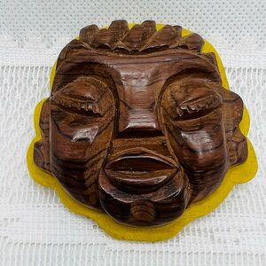 Vintage 1940s Handcrafted Wooden Face Art Yellow Brooch